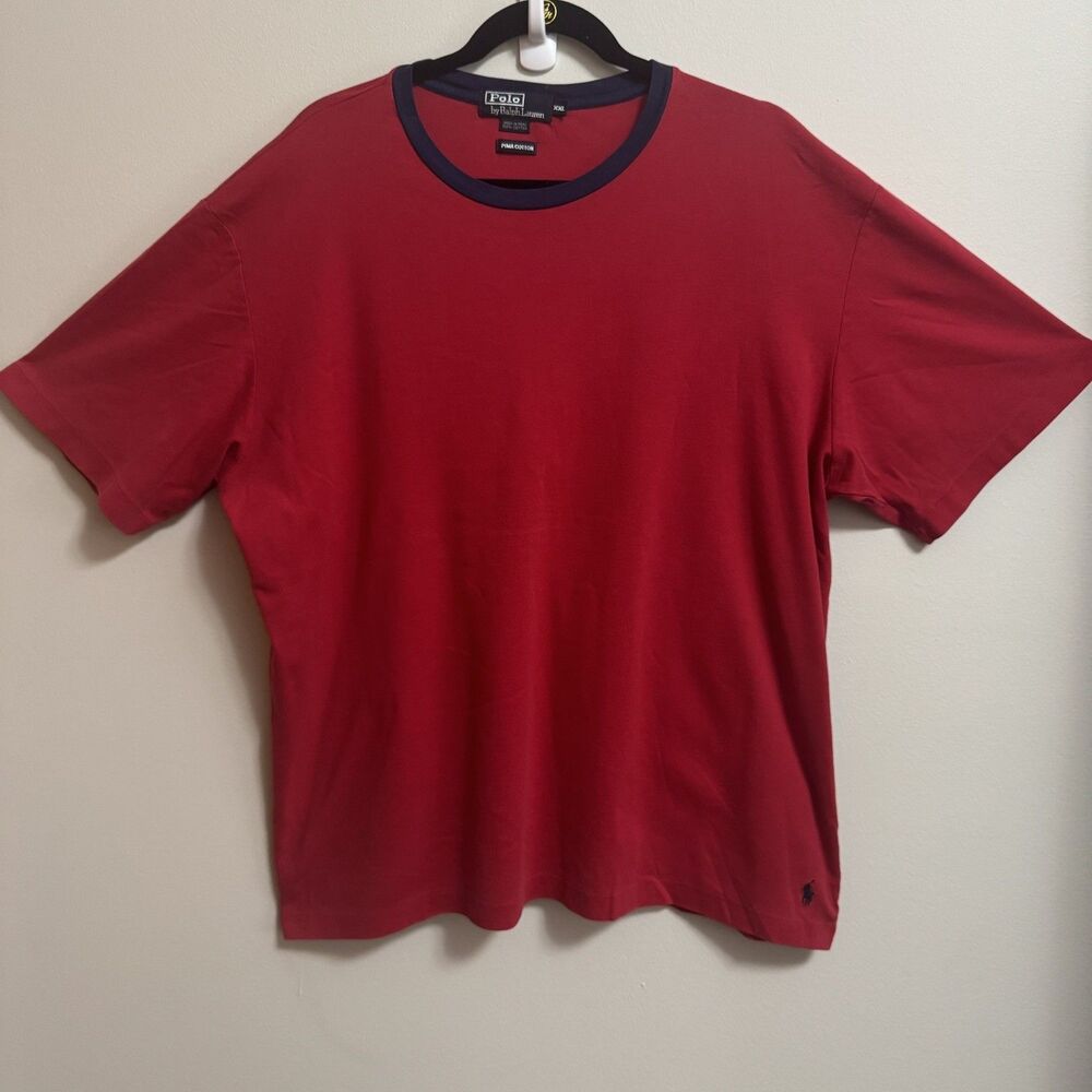 Vintage Polo Ralph Lauren Men’s XXL Red T-Shirt Pima Cotton Crew Neck Navy Trim